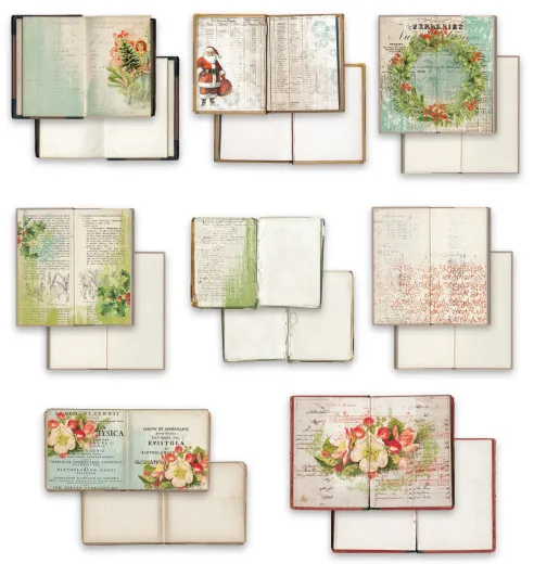 Acht doppelseitige Buchseiten-Motive mit weihnachtlichen Illustrationen wie Weihnachtsmann, Tannenkranz und winterlichen Blumen