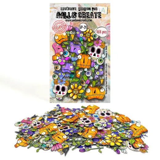 Ephemera Die-Cuts Set mit 168 Stanzteilen: bunte Totenschädel, Kürbisse, Blüten, Augen und Blätter auf Verpackung