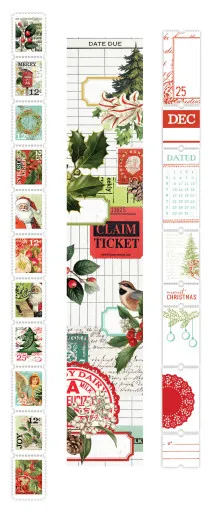 Drei Papierrollen mit weihnachtlichen Briefmarkenmotiven, Bibliotheks-/Claim-Ticket-Design und Datumsetiketten