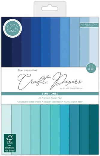 Verpackung des A4 Premium-Papierblocks „The Essential Craft Papers – Blue Tones“ mit 20 Blautönen