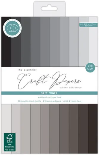 Verpackung des A4 Premium-Papierblocks „The Essential Craft Papers – Grey Tones“ mit 20 Graustufen-Bögen