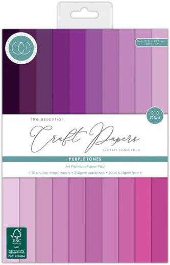 Verpackung des A4 Premium-Papierblocks „The Essential Craft Papers – Purple Tones“ mit 20 Lilatönen
