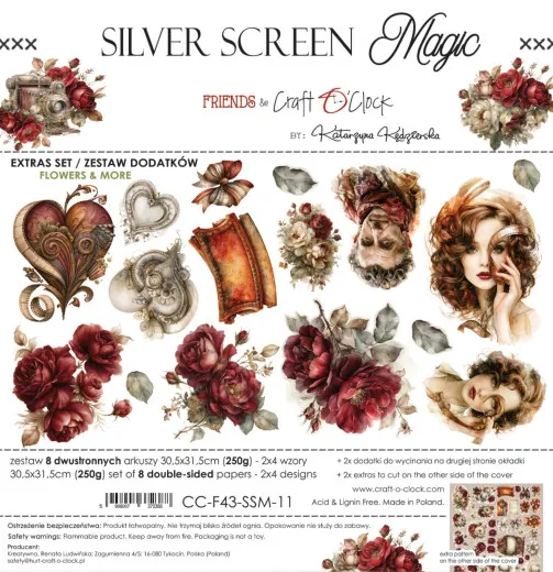 Verpackung des "Silver Screen Magic" Extras Set Flowers & More mit floralen Stanzteilen und Porträts