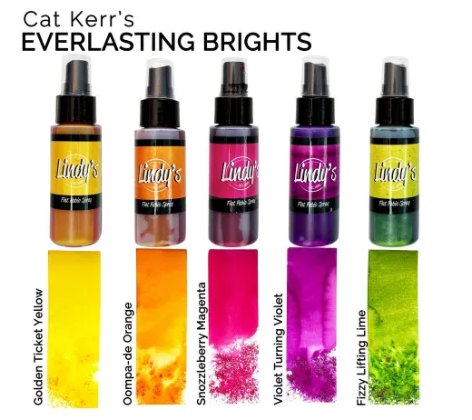 Fünf Flat Fabio Sprays von Lindy's Gang in den Farben der Cat-Kerr-Kollektion 'Everlasting Brights'
