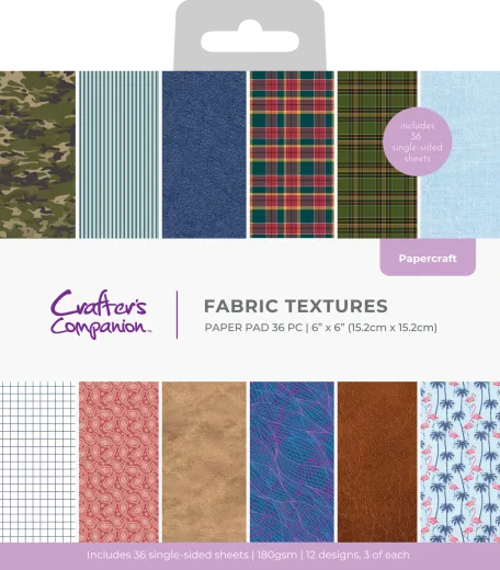 Verpackung des Crafter's Companion Fabric Textures 6x6 Paper Pads mit Stoffmustern wie Camouflage, Jeans, Karo und Flamingoprint