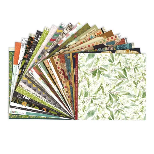 Aufgefächertes Sortiment mit 20 verschiedenfarbigen Scrapbookpapieren in 30,5x30,5 cm, vorne ein grünes Blätter-Motiv