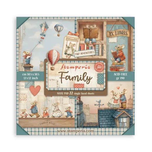 Stamperia Family Paper Pad mit 22 Designpapieren, 30,5 x 30,5 cm, in Blau, Korall und Creme mit Motiven von Häusern, Luftballons, Mäusen und Vintage-Elementen