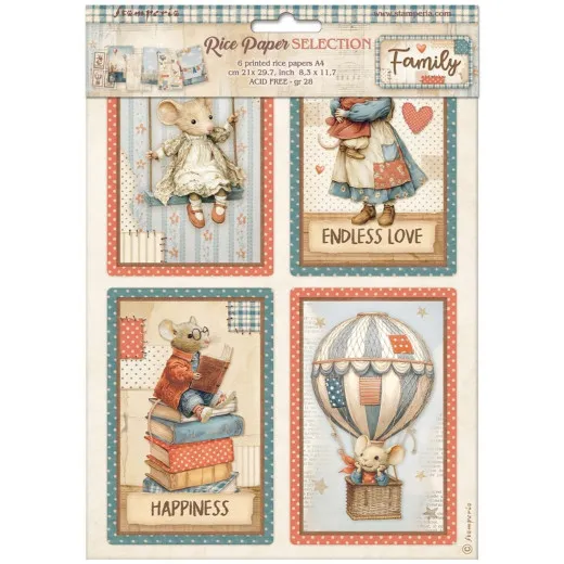 Stamperia Family Rice Paper A4 Set mit 6 Bögen: Motive mit Mäusen, Ballons, Herzen und Schriften auf cremefarbenem Grund