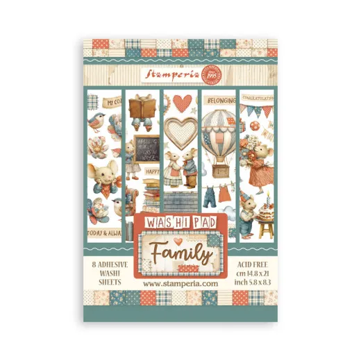 Stamperia Family Washi Pad A5 mit 8 Bögen durchsichtiges Washi-Papier, Verpackung zeigt Produktbeispiele mit Luftballons, Herzen und Familienmotiven