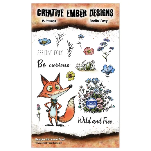Creative Ember Designs Clear Stamp Set Feelin' Foxy mit 15 Stempeln: Fuchs, Blüten, Gräser und Sprüche auf A6 Stempelbogen