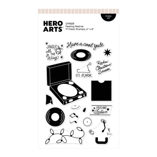Stempelbogen Feeling Festive mit Koffer-Plattenspieler, Schallplatten, Lichterkette und Sprüchen wie 'Have a cool yule' und 'Feeling Festive'.