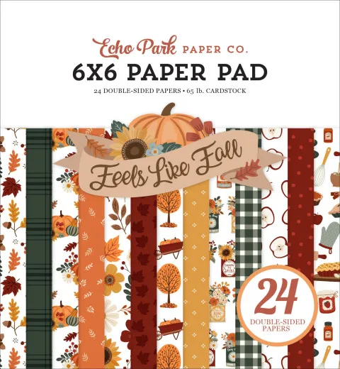 Verpackungsvorderseite des Echo Park 6x6 Paper Pads „Feels Like Fall” mit gestapelten Musterpapieren in Kürbis- und Blättermotiven