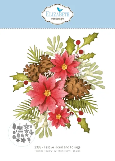 Verpackung der Stanzen Festive Floral and Foliage mit Gesteck aus roten Weihnachtssternen, Tannenzapfen und Stechpalme