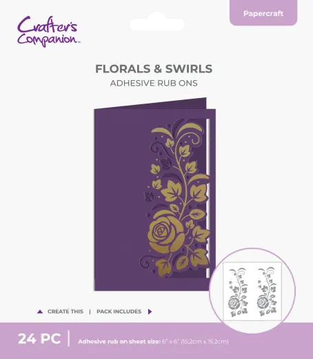 Verpackung der Cut in Edge Florals & Swirls Klebe-Rub-Ons mit lila Grußkarte und goldenem Rosen-Schnörkelmotiv