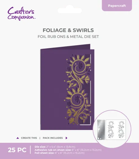Verpackung des Cut in Edge Foliage & Swirls Sets mit lila Grußkarte und goldener Blätter-Folienprägung