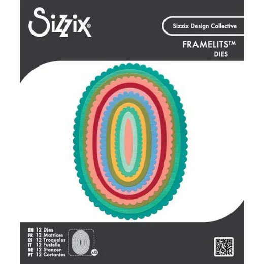 Verpackung der Sizzix Framelits Dies Fancy Ovals mit 12 ineinander verschachtelten gezackten Oval-Stanzformen.