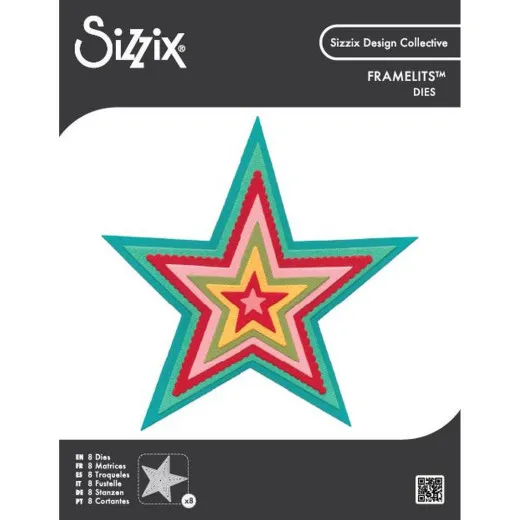 Verpackung der Sizzix Framelits Dies Stars mit 8 ineinander verschachtelten Sternformen in Regenbogenfarben.