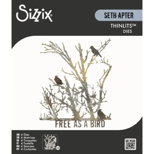 Verpackung der Sizzix Thinlits Free Bird mit kahlem Baum, drei Vögeln und Schriftzug Free as a Bird