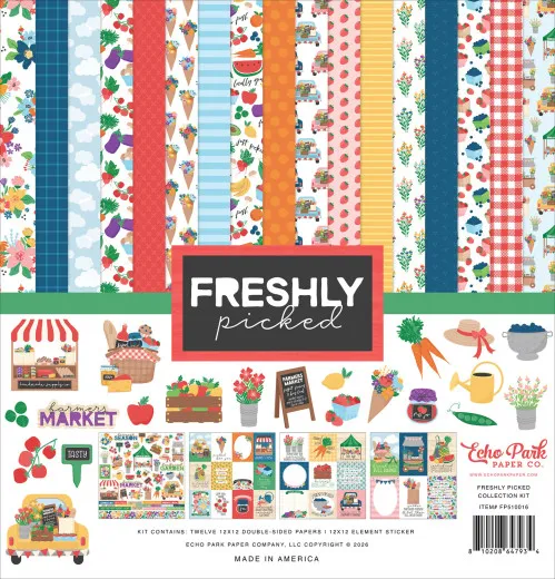 Freshly Picked Collection Kit von Echo Park mit 12 doppelseitig bedruckten Designpapieren in 30,5x30,5cm, zeigt Farmer's Market, Obst, Gemüse und Blütenmotive in Creme, Orange, Grün und Blau