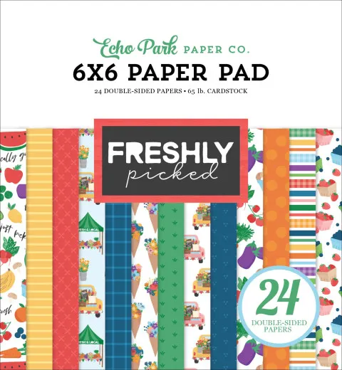 Echo Park Freshly Picked 6x6 Paper Pad mit 24 doppelseitig bedruckten Bögen, bunte Designs mit Wassermelonen, Erdbeeren und Marktmotiven in Grün, Rot, Orange und Blau