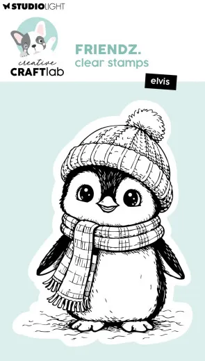Verpackungsvorderseite mit unkoloriertem Clear-Stamp-Motiv des Pinguins Elvis mit Bommelmütze und Schal