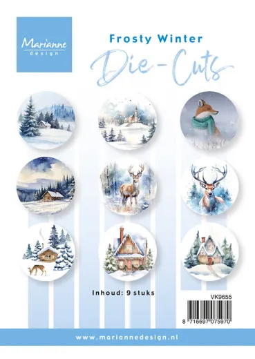Verpackung der Marianne Design Frosty-Winter-Stanzteile mit 9 runden Wintermotiven
