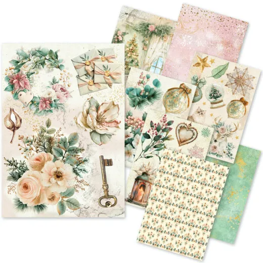Übersicht aller 8 Reispapier-Bögen im Design „Golden Winter“ mit winterlichen Motiven in Rosé, Creme und Gold