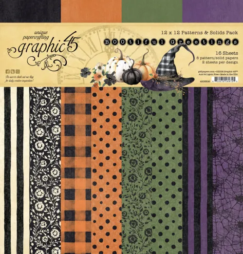 BOOtiful Greetings Paper Pad Verpackung mit 8 Designmustern in Schwarz, Creme, Orange, Grün und Lila, Hexenhut-Illustration