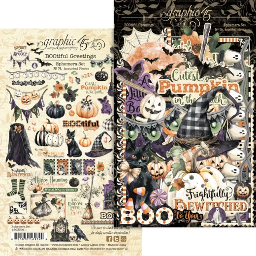 BOOtiful Greetings Ephemera Set von Graphic 45 mit 70 Stanzteilen: Kürbisse, schwarze Katzen, Eulen, Hexenhüte, Fledermäuse und Halloween-Schriftzüge auf Creme-Grund