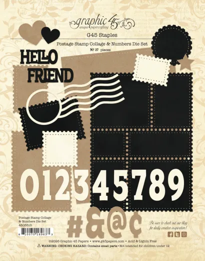 Graphic 45 Postage Stamp Collage & Numbers Die Set mit 27 Teilen, Briefmarken, Herzen, HELLO FRIEND Schrift, große Zahlen und Wellenlinien in Schwarz und Creme
