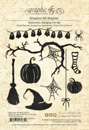 Graphic 45 Halloween Hanging Die Set mit 10 Stanzschablonen: Geister-Banner, Kürbisse, Spinnennetze, Hexenhut, Besen, Spinnennetz und hängenden Accessoires auf beigem Hintergrund