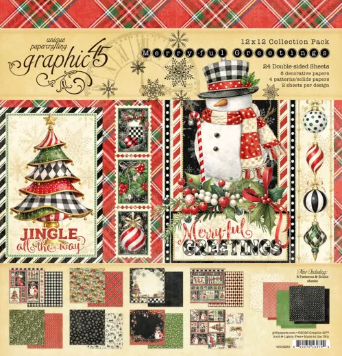 Merry-ful Greetings 12x12 Collection Pack mit 24 bedruckten Bögen, Schneemann, Weihnachtsbaum, Karomuster und festliche Designs von Graphic 45