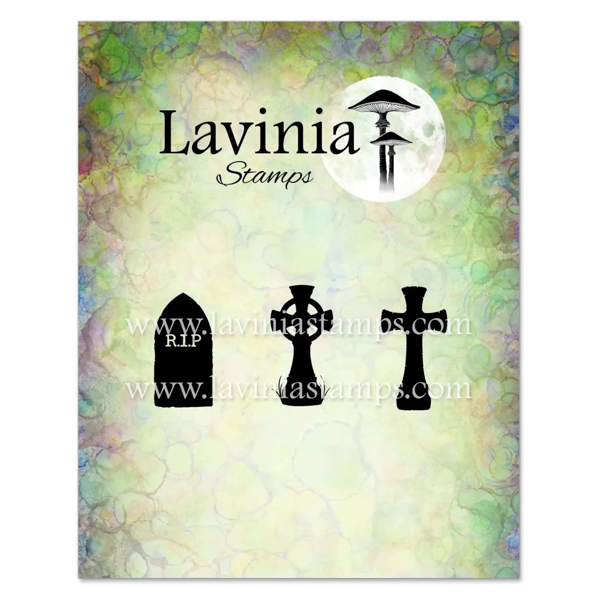 Drei Grabstein-Silhouetten als Lavinia-Stempelmotiv: Rundbogenstein mit R.I.P.-Schriftzug, Keltenkreuz und schlichtes Kreuz