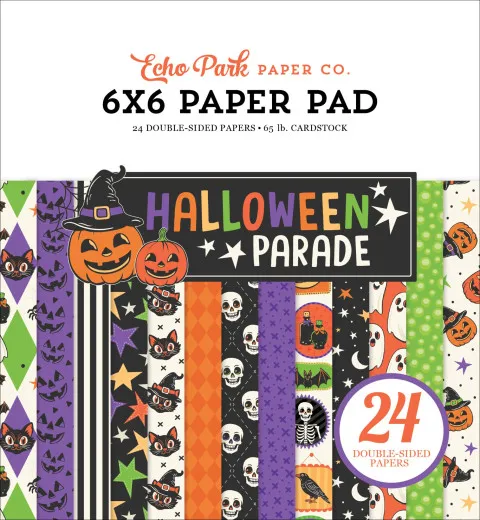 Verpackungsvorderseite des Echo Park 6x6 Paper Pads „Halloween Parade” mit gestapelten Musterpapieren in Kürbis-, Geister- und Hexenmotiven