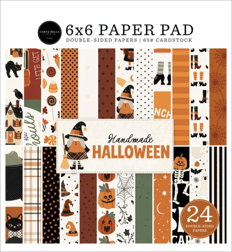 Cover des 6x6 Paper Pad Handmade Halloween mit Motivübersicht: Hexenhäuser, Kürbisse, Spinnennetze und einer Hexen-Gnomin mit Besen.
