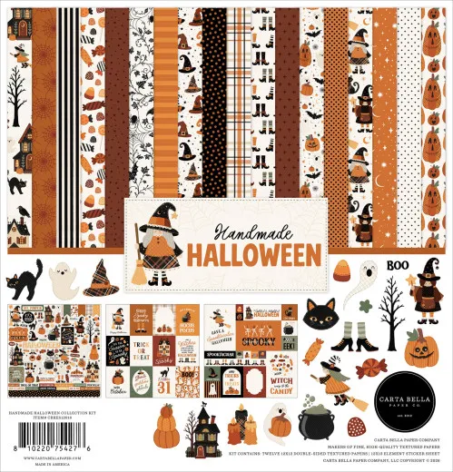 Cover des 12x12 Collection Kit Handmade Halloween mit Übersicht aller Designpapiere, Elementen und der Hexen-Gnomin mit Besen.