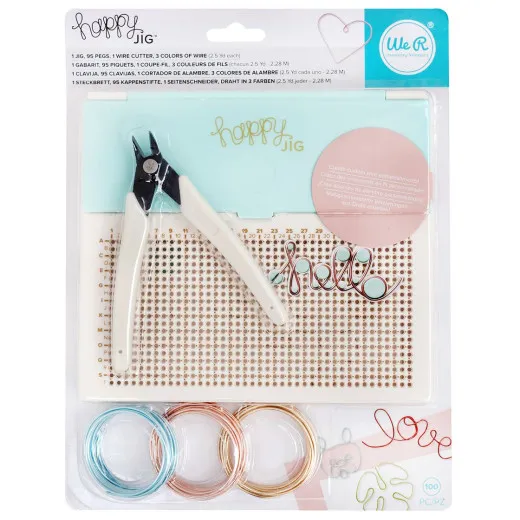 Happy Jig Draht-Wickler mit Zange, Stiften in drei Größen und Draht in Blau, Rosa und Gold auf Verpackung