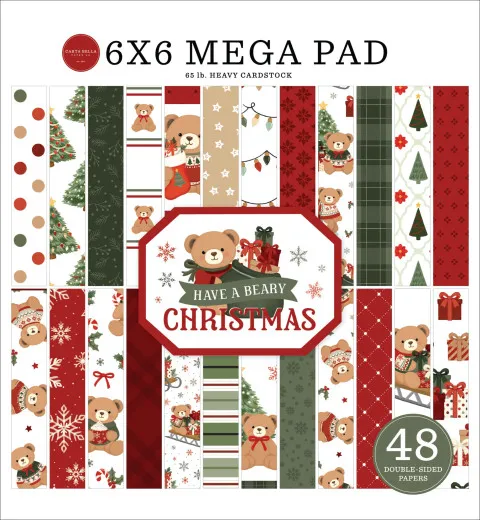 Carta Bella Have A Beary Christmas 6x6 Mega Pad mit 48 doppelseitig bedruckten Blättern, Weihnachtsmotiven und Teddybären in Rot und Grün