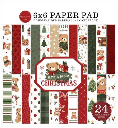 Carta Bella Have A Beary Christmas 6x6 Paper Pad mit 24 doppelseitig bedruckten Bögen, 12 verschiedene Motive mit Teddybären, Geschenken und Tannenbaum in Rot, Grün und Creme