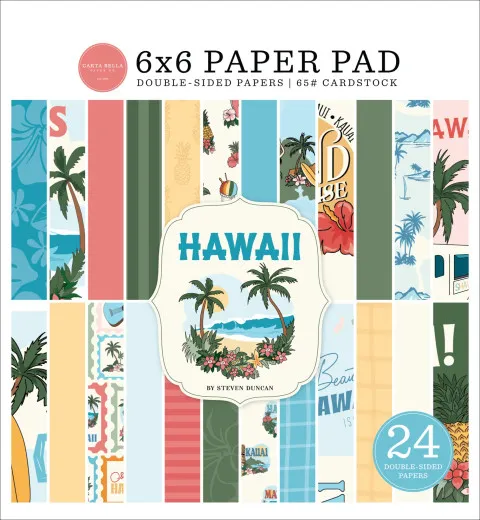 Hawaii 6x6 Paper Pad von Carta Bella mit 24 doppelseitig bedruckten Bögen, 12 verschiedene tropische Designs mit Palmen, Hibiskus, Surfboards in Korallenrot, Blau, Grün und Creme