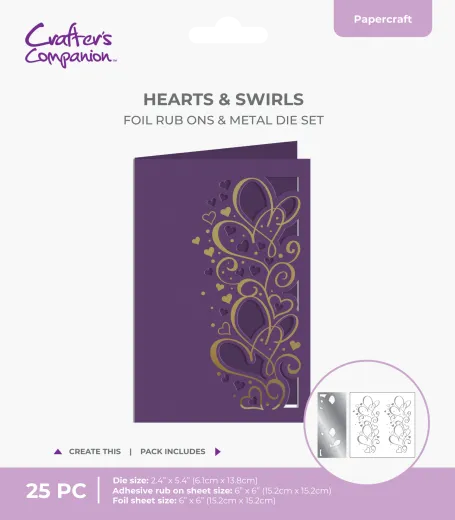 Verpackung des Cut in Edge Hearts & Swirls Sets mit lila Grußkarte und goldener Herzen-Folienprägung