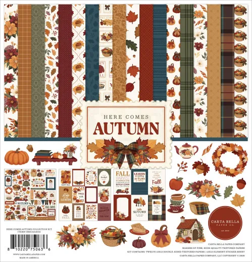 Cover des 12x12 Collection Kit Here Comes Autumn mit Übersicht aller Designpapiere, Elemente und herbstlichem Blumenkranz.