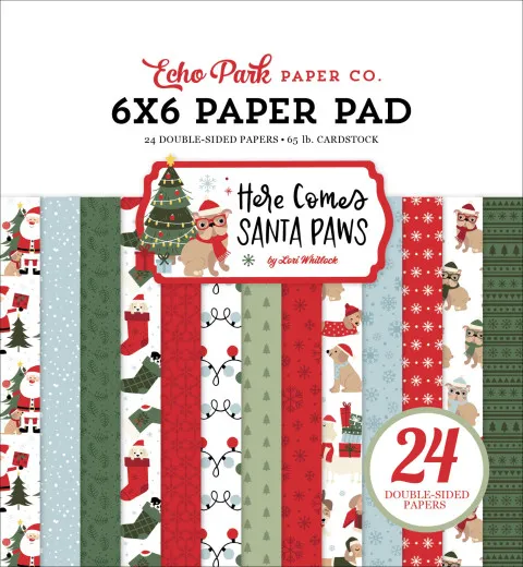 Echo Park Here Comes Santa Paws Paper Pad 6x6 mit 24 doppelseitig bedruckten Bögen, festliche Weihnachtsmotive mit Hunden in roten, grünen und hellblauen Farben