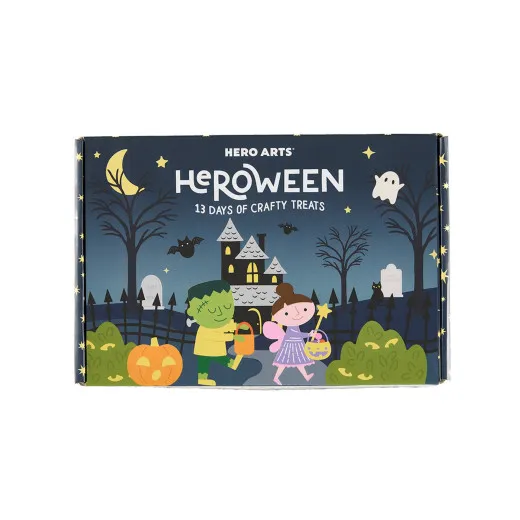 HEROween Box von Hero Arts mit 13 Tagen Bastelinhalten, illustriert mit Halloween-Motiven wie Kürbis, Hexe, Frankenstein, Gespenst