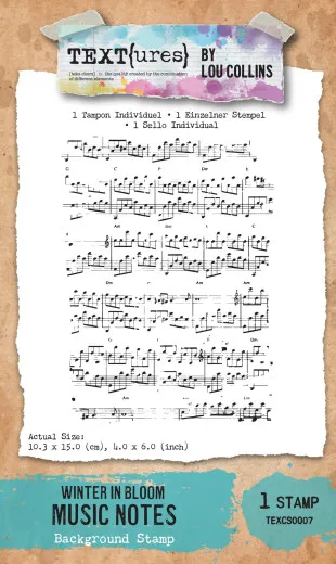 Verpackung des großformatigen Clear-Stamps Music Notes mit Notenblatt-Motiv inklusive Akkordbezeichnungen.