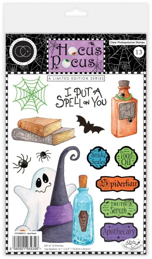 Verpackung des Clear-Stamps-Sets 'Hocus Pocus - Spell Book' mit Zauberbüchern, Geist, Spinnennetz, Fledermaus und Tränkeflaschen