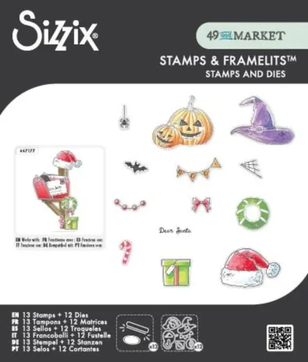 Verpackungsfoto der Halloween- und Weihnachtsmotive: Kürbisse, Hexenhut, Fledermaus, Kranz, Nikolausmütze.