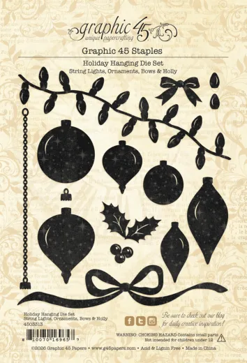 Graphic 45 Holiday Hanging Die Set mit schwarzen Stanzschablonen: Lichterketten, Kugeln, Schleifen, Stechpalme und Beeren auf Verpackung