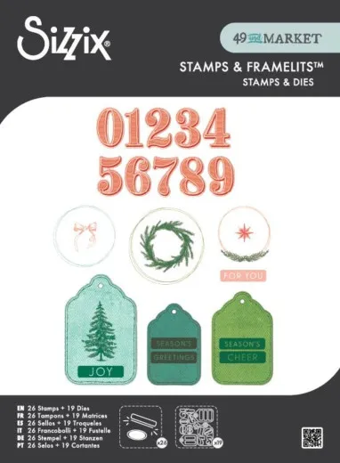 Verpackungsfoto mit Zahlen-Stempeln, Kranz-/Schleifen-/Stern-Stempeln und farbigen Geschenkanhängern „Joy" und „Season's Cheer".