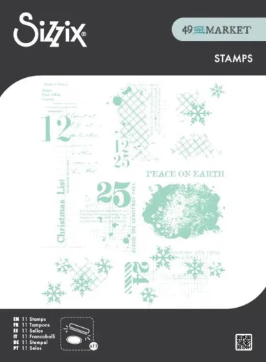 Verpackungsfoto der weihnachtlichen Textstempel mit Schneeflocken, Karomuster und „Peace on Earth" in Mintgrün.